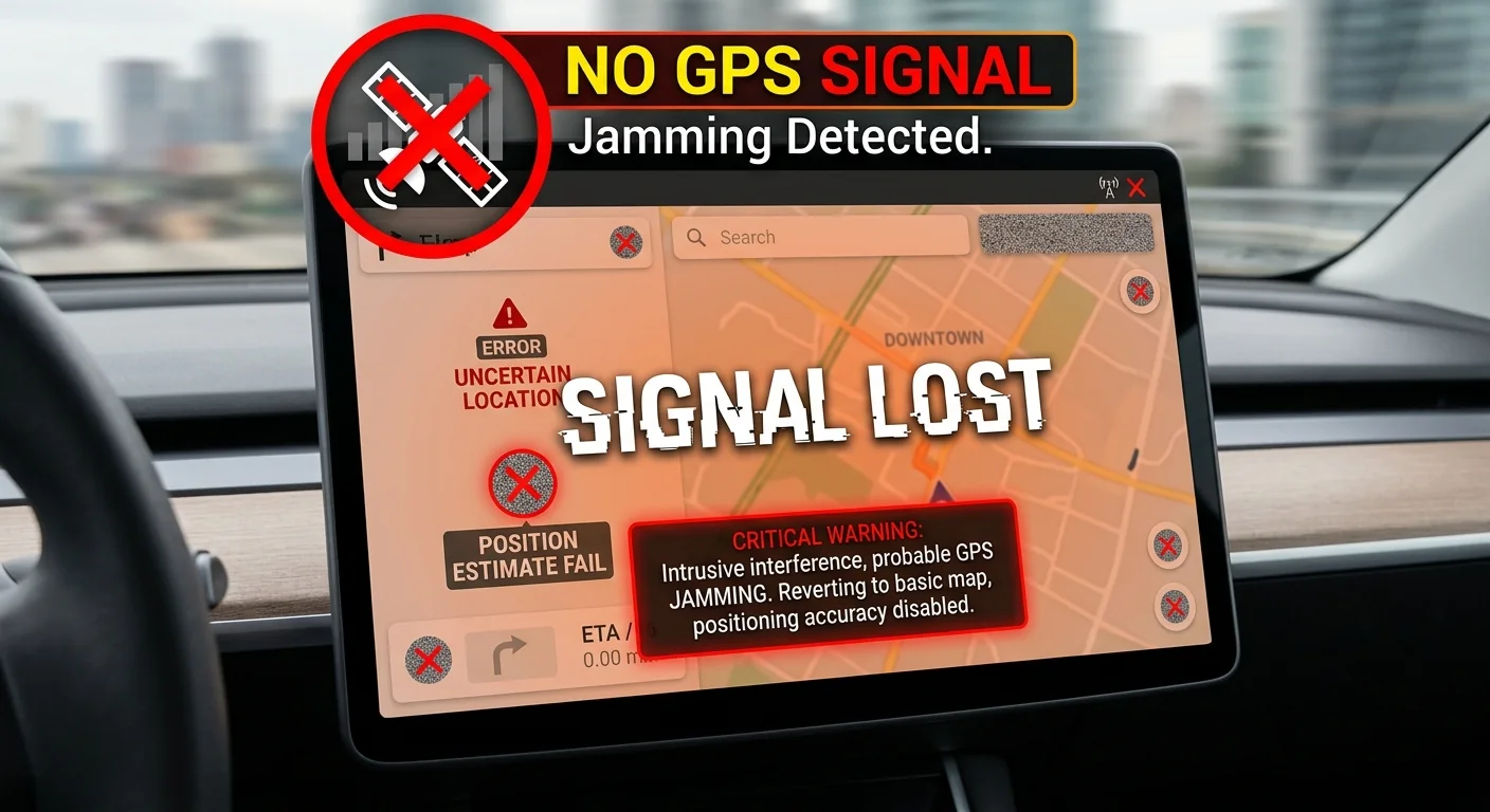GPS jamming causing navigation signal loss and GNSS positioning failure in a vehicle