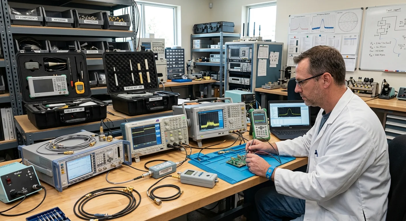 RF engineering laboratory with spectrum analysers, RF test equipment and electronic prototype testing