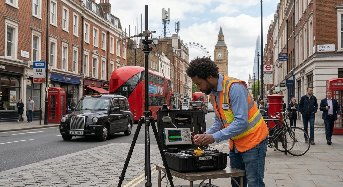RF field service engineer carrying out on-site radio frequency interference testing in London